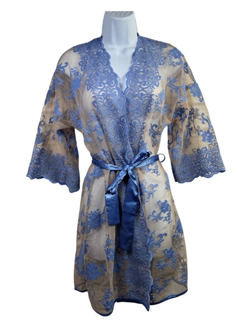 Cosabella Sheer Blue Cream Lace Robe Satin Trim Belt Sz Small Italy Lightweight